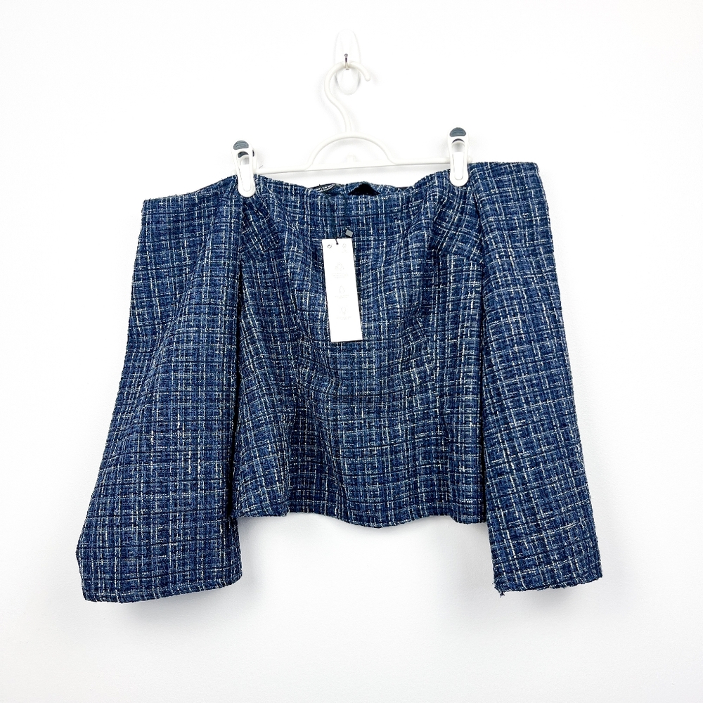NWT Zara Blue Black & White Plaid Off-Shoulder Top